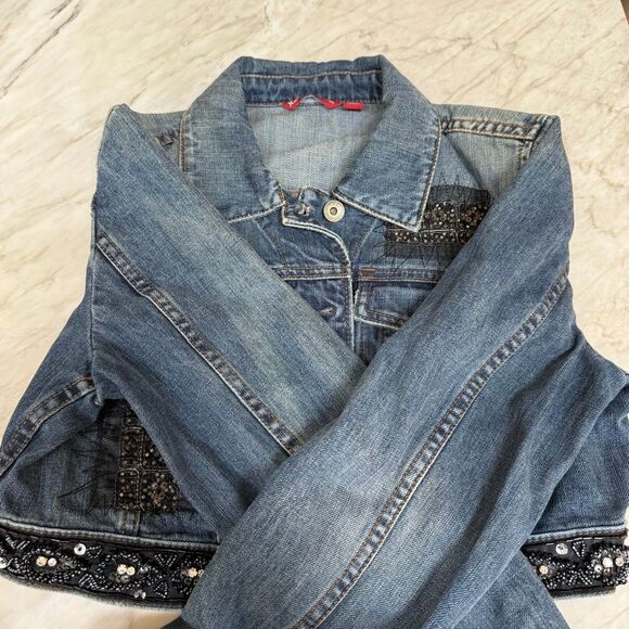 X2 Denim Laboratory Cropped Blue Jean Jacket Embellished Beaded Embroidery Sz M - Picture 8 of 8